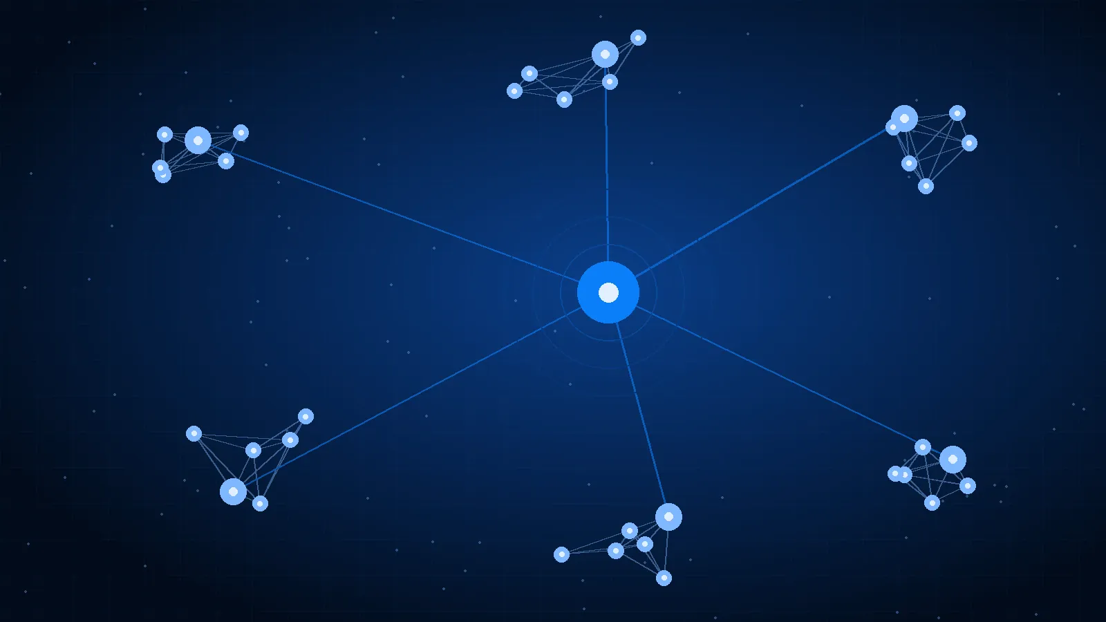 Network of remote team members connected to a central hub